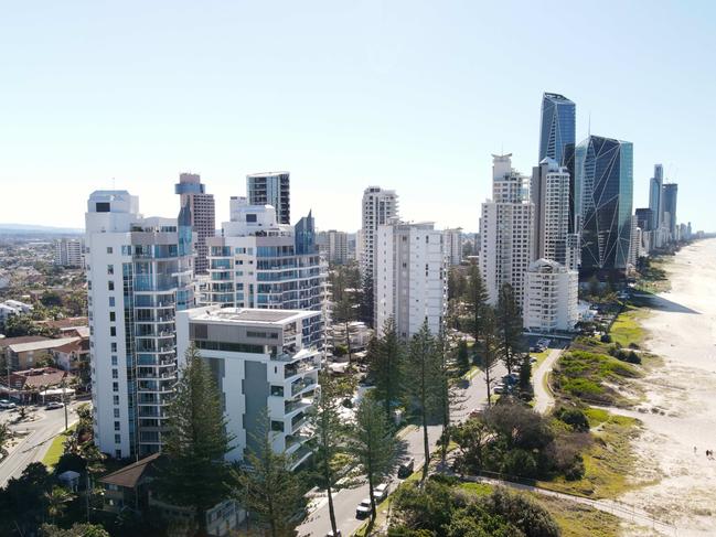 Aerial photo of the Surfers Paradise skyline and Surfers Paradise beach, looking north, on the Gold Coast. Picture: Brendan Radke