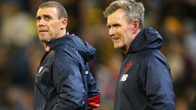 Brendan McCartney and Melbourne coach Simon Goodwin. Picture: Michael Klein