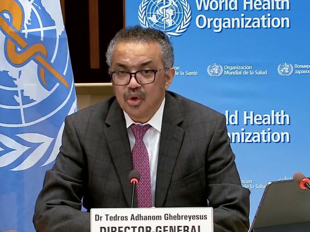 World Health Organisation (WHO) Ethiopian Director-General Tedros Adhanom Ghebreyesus during a press briefing via video link from the WHO headquarters in Geneva. Picture: WHO/AFP