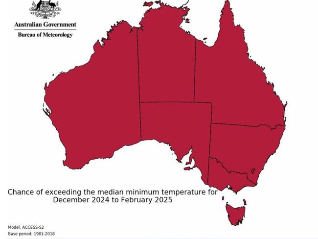 There is an increased chance of unusually high minimum temperatures2 across Australia, particularly across the north, parts of NSW and in Tas where unusually high minimum temperatures are very likely (>80% chance).