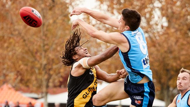 Former Glenelg player Neil Vea Vea (left) was among Kenilworth’s best on Saturday. Picture: AAP/Matt Loxton