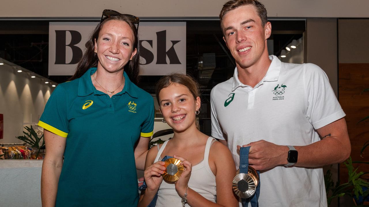 Lani Pallister, Saoirse Hoare and Zac Stubblety-Cook at the Olympic and Paralympic teams Welcome Home Celebrations at Casuarina shopping centre, Darwin, Oct 2024. Picture: Pema Tamang Pakhrin