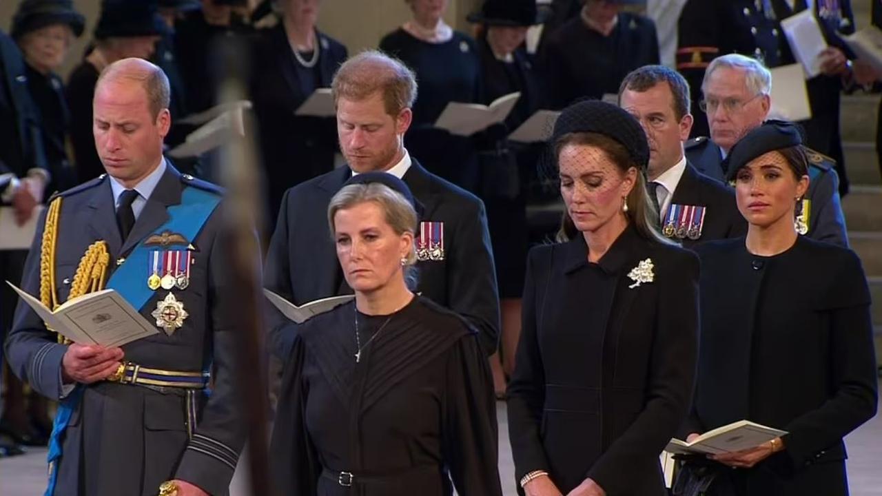 Prince William, Prince Harry, Kate Middleton and Meghan Markle stood together at the service at Westminster Hall. Picture: BBC Grab for Sally Willoughby