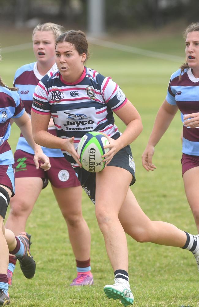 Townsville Rugby Union Womens grand final between Brothers and Teachers West at Mike Carney Toyota Park. Teachers Anjeleah Corrigan and Brothers Julia Douglas. Picture: Evan Morgan