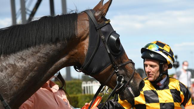 Brett Prebble after riding Probabeel to win the Group 1 Might And Power. Picture: Getty Images