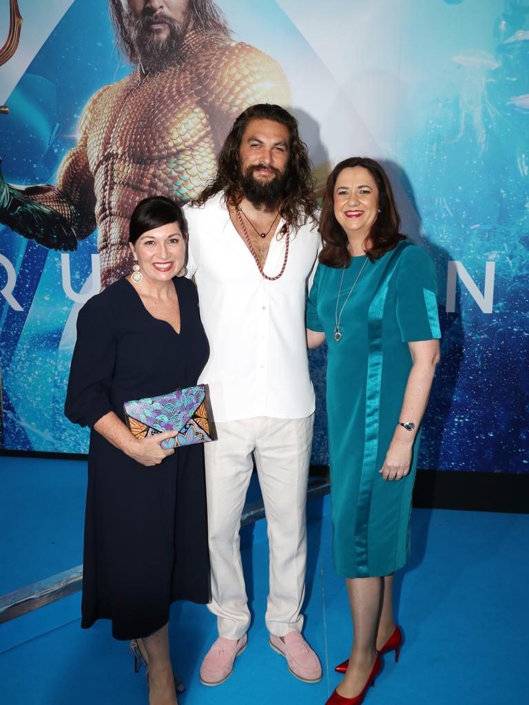 Leanne Enoch, Aquaman star Jason Momoa and Premier Annastacia Palaszczuk at the Australian premiere of Aquaman. Picture: Nigel Hallett