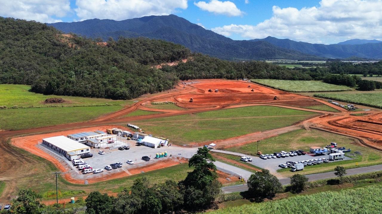 Aerial view of the Cairns Water Security Project Stage One construction site, north of Gordonvale. The $472 million project will generate a new drinking water supply from the Mulgrave River once completed in 2026. Stage One of the project consists of an intake pipe at the Mulgrave River, a reservoir and water treatment facility on the site pictured, and a network of pipes connecting the project to the existing Cairns water grid. Picture Brendan Radke