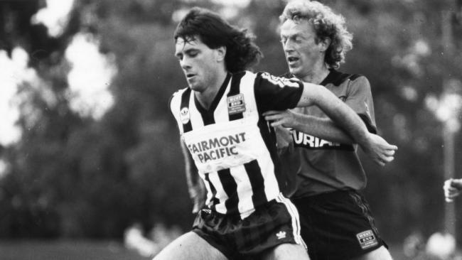 Adelaide City great Joe Mullen in National Soccer League action against Preston Makedonia in 1987.