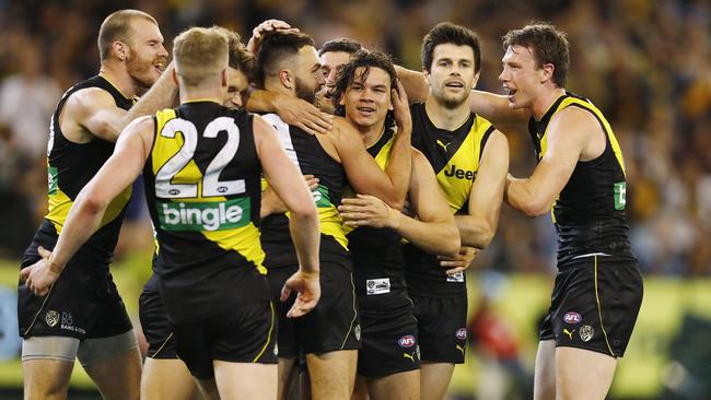 Richmond players celebrate after a Daniel Rioli goal. Picture: Michael Klein