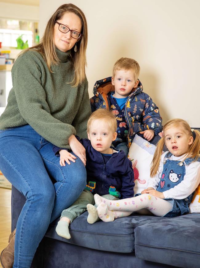 Bradley Liefvoort’s widow Linda Matthews with their triplets Scotty, Lila, and Lachie Picture: Mark Stewart