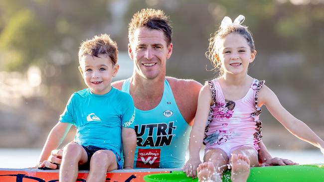 Shannon Eckstein and son Blake and daughter Ellie ahead of his final professional ironman race at Wanda this weekend. 