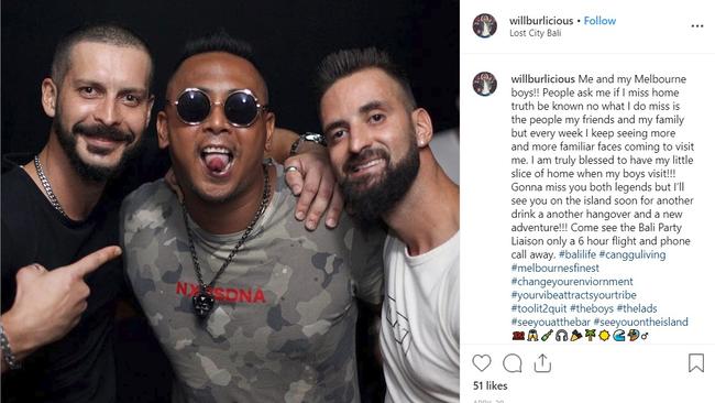 Will Cabantog (centre) posts about loving the Bali party life on his Instagram.