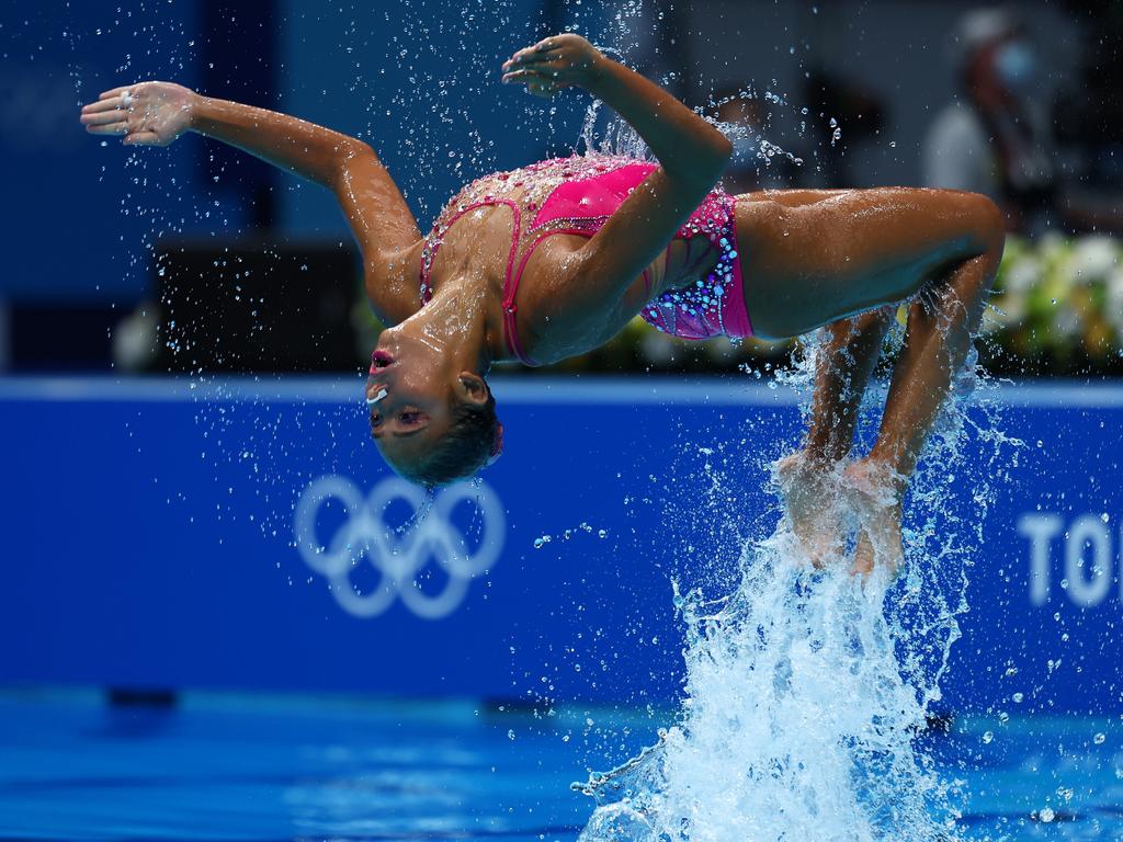 Gravity defying athleticism from Laila Ali and Hanna Hiekal of Team Egypt was on display during their Artistic Swimming Duet technical routine. Picture: Clive Rose/Getty Images