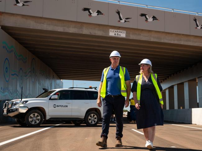 Chief minister Eva Lawler and Minister Joel Bowden as the first new lanes of the Tiger Brennan Drive and Berrimah Road overpass will open to traffic from Monday April 29, 2024. Picture: Pema Tamang Pakhrin