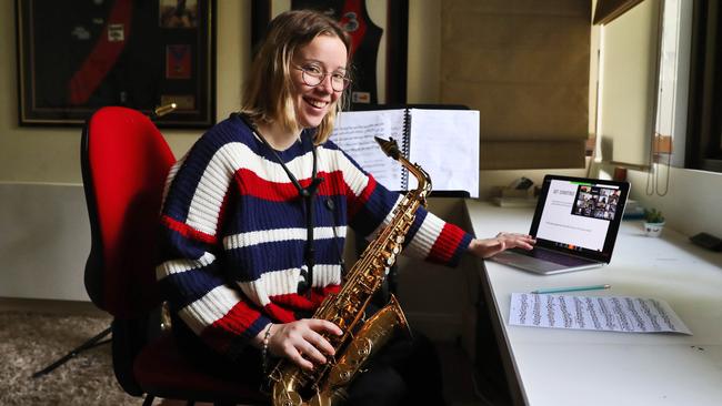 First-year music student Mia Barham says Monash University is pulling out all the stops to ensure students don’t suffer from the home-alone blues. Picture: Aaron Francis