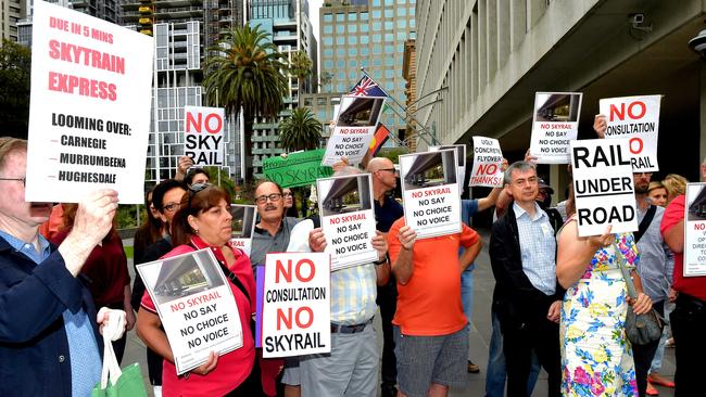Residents protest against sky rail at 1 Treasury Place earlier this year. Picture: Jay Town