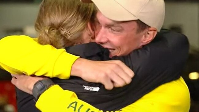 Swimmer Zac Stubblety-Cook had a touching reunion with his partner and fellow swimmer Leah Neale, who he’d been apart from for about seven weeks. Picture: Today Show.