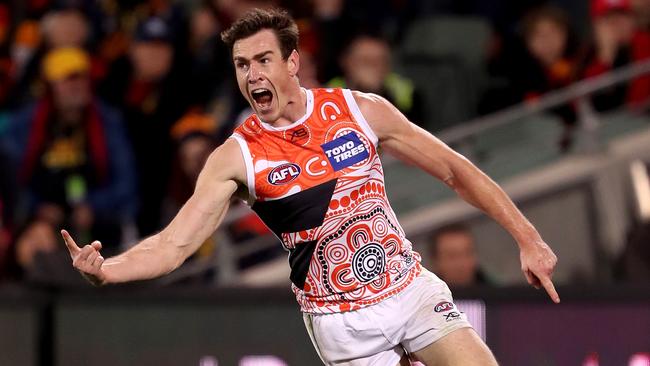 Jeremy Cameron celebrates a goal against Adelaide.