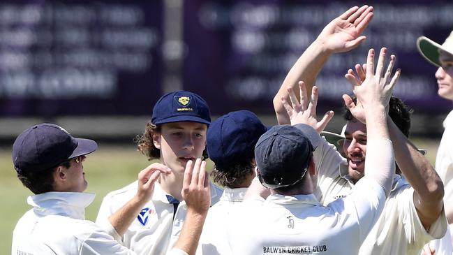 Balwyn players celebrate a wicket. Picture: Andy Brownbill