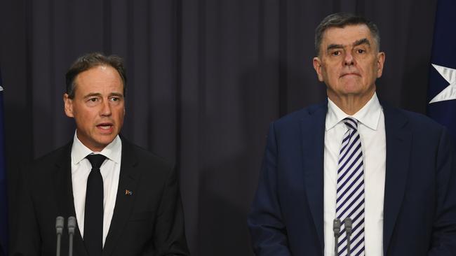 Health Minister Greg Hunt and Chief Medical Officer Brendan Murphy in Canberra on Monday. Picture: AAP