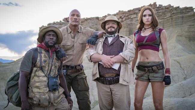 Kevin Hart, Dwayne Johnson, Jack Black and Karen Gillan in Jumanji: The Next Level.