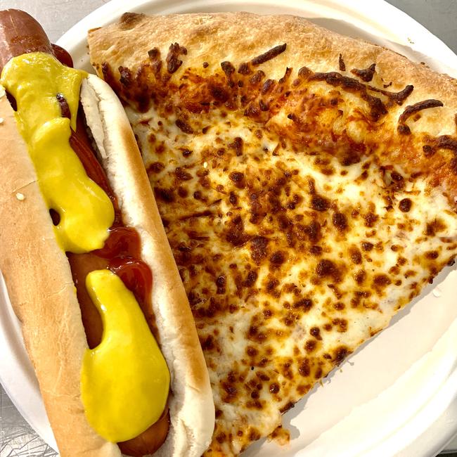 A hot dog and pizza on sale at Costco.