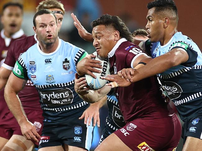 ADELAIDE, AUSTRALIA - NOVEMBER 04: Josh Papalii of the Maroons is tackled during game one of the 2020 State of Origin series between the Queensland Maroons and the New South Wales Blues at the Adelaide Oval on November 04, 2020 in Adelaide, Australia. (Photo by Cameron Spencer/Getty Images)