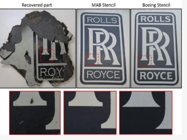 Comparison of Boeing 777 engine cowling stencils. Note the thickness of the ‘ROYCE’ lettering and the serif geometry on the main ‘Rs’. Picture: Malaysian MOT/ATSB