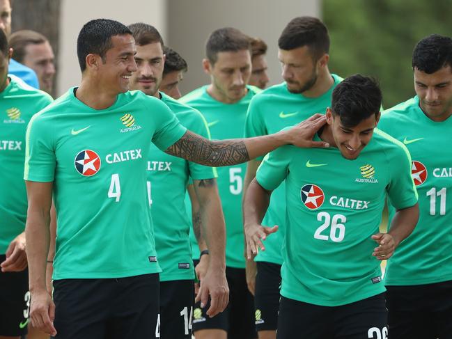 ANTALYA, TURKEY - MAY 30:  Tim Cahill and Daniel Arzani of Australia laugh during an Australian Socceroos training session at the Gloria Football Club on May 30, 2018 in Antalya, Turkey.  (Photo by Robert Cianflone/Getty Images)