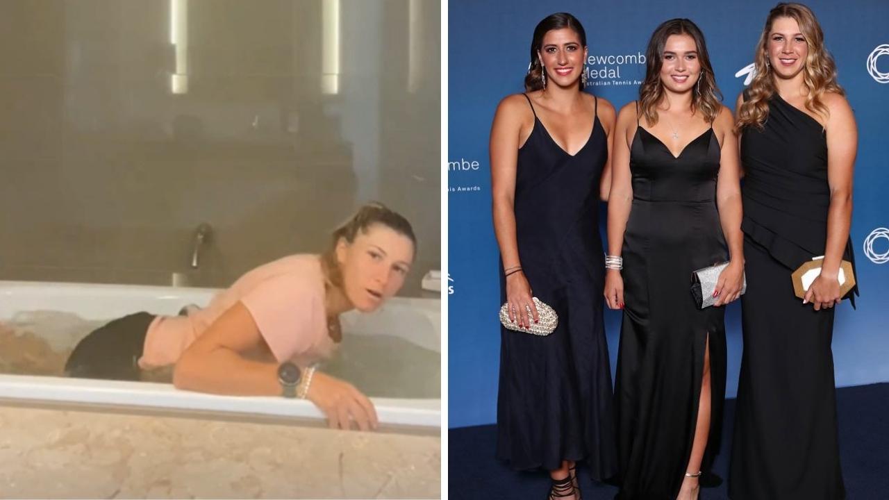 Ellen Perez in and out of the tub. Photo: Twitter, Getty.