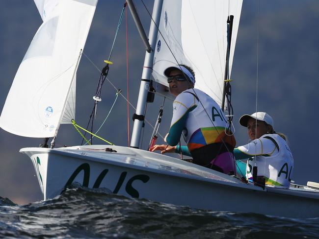RIO DE JANEIRO, BRAZIL - AUGUST 14: Carrie Smith (helm) of Australia and Jaime Ryan of Australia compete in the Women's 470 class on Day 9 of the Rio 2016 Olympic Games at the Marina da Gloria on August 14, 2016 in Rio de Janeiro, Brazil. (Photo by Clive Mason/Getty Images)