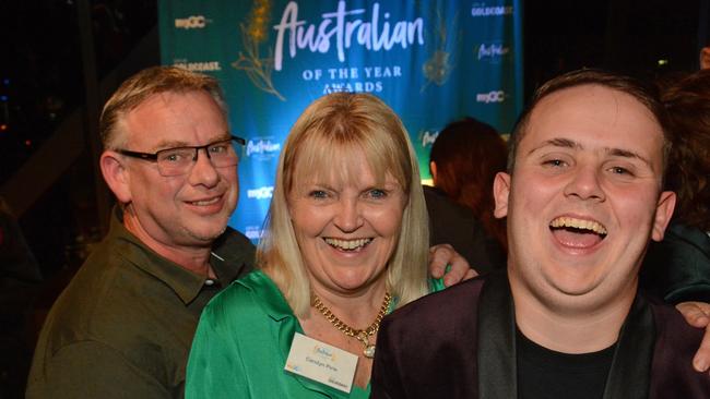 Mark, Carolyn and Tom Pirie at Gold Coast Australian of the Year presentations at Exhibitionist Bar, HOTA, Bundall. Pic: Regina King