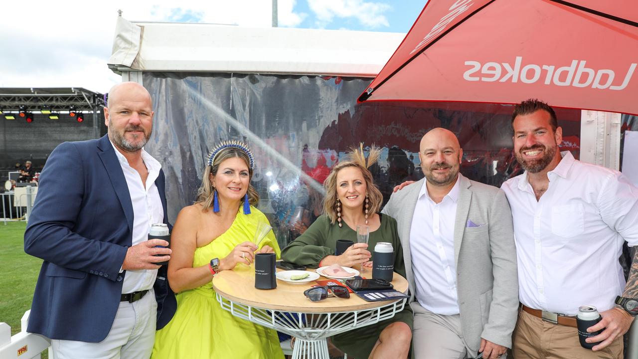 Jason Murray, Jodie Bruun, Shonah Wolfe, Brad Wolfe and Cam Mason at the Hobart Cup Day. Picture : Mireille Merlet