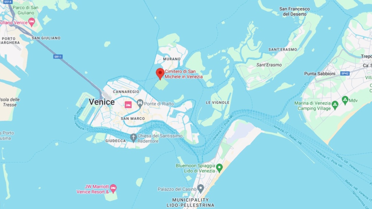 San Michele Cemetery in Venice is located on an island accessed by water buses. Picture: Google Maps