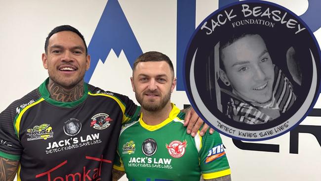 (L-R) Kyle Fraser Oakdale Workers and Nathan Gardner East Campbelltown Eagles, Jack Beasley Foundation game, Macarthur Rugby League, Round 12, 2 July, 2023 at Waminda Oval. Picture: Supplied.