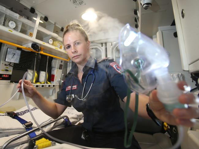 Ambulance Paramedic Cat Cristofaro responded to a string of thunderstorm asthma incidents during a non-stop 15.5 hour shift last year. Picture Yuri Kouzmin