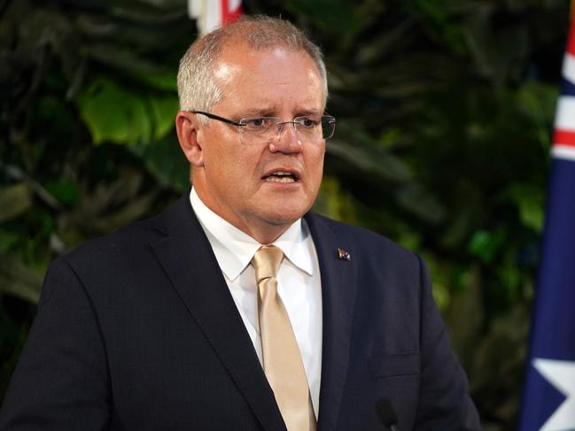 Australia's Prime Minister Scott Morrison speaks during a joint press conference with his New Zealand counterpart Jacinda Ardern in Auckland on February 22, 2019. - Morrison is in New Zealand to hold bilateral talks with his Kiwi counterpart Jacinda Ardern. (Photo by Diego OPATOWSKI / AFP)