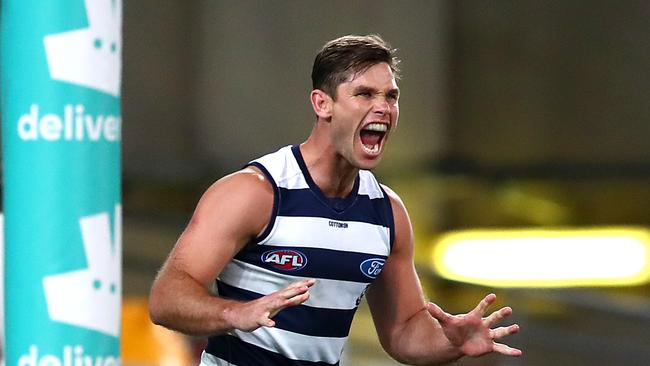 It was a big night at the office for Tom Hawkins. Picture: Getty Images