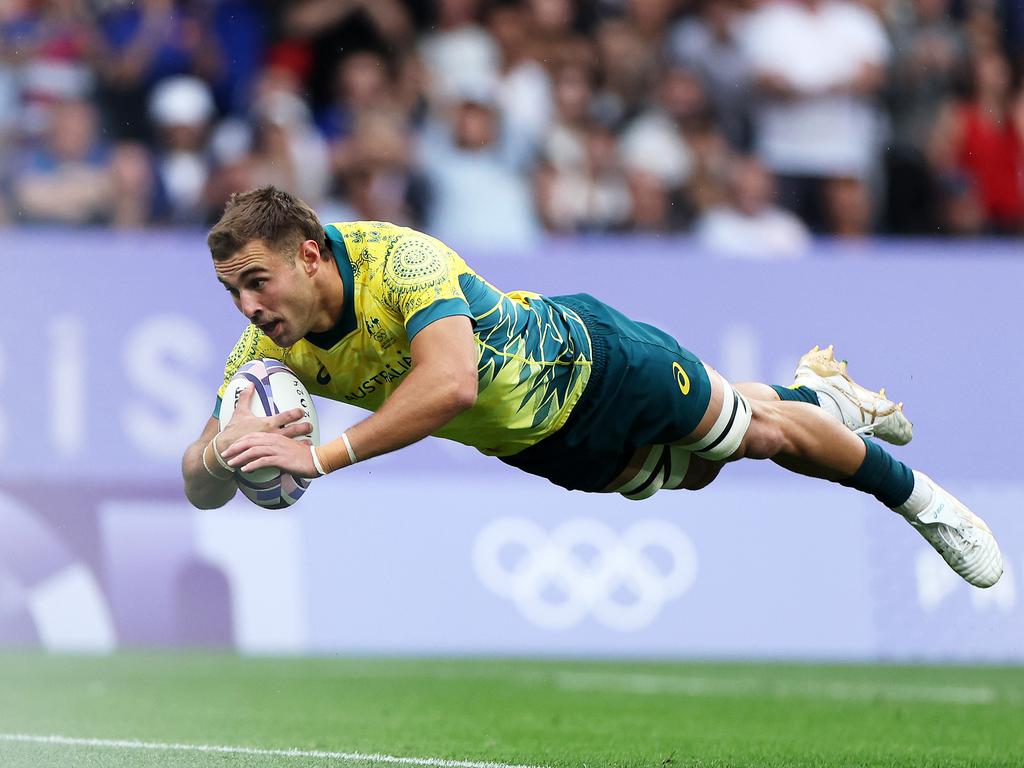 Nathan Lawson scores a try for Australia during the Paris Games. Picture: Getty Images