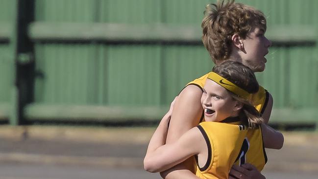 Western Australia players celebrate a goal at the SSA U12 Australian Football Championships. Picture: Roy VanDerVegt