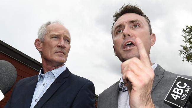 One Nation party officials Steve Dickson and James Ashby field questions during a press conference after being caught in an al-Jazeera investigation. Picture: AAP