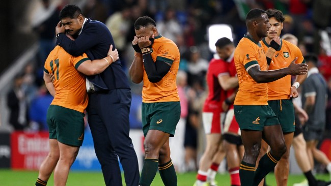 Several of the Wallabies were distraught after suffering Australia's worst defeat at a Rugby World Cup. Picture: Hannah Peters/Getty Images