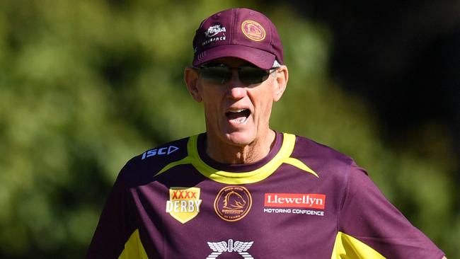 Broncos coach Wayne Bennett is seen during Brisbane Broncos training at Clive Berghofer Field in Brisbane, Wednesday, August 8, 2018. The Broncos are playing their round 22 NRL match against the North Queensland Cowboys on Thursday night in Townsville. (AAP Image/Darren England) NO ARCHIVING, EDITORIAL USE ONLY