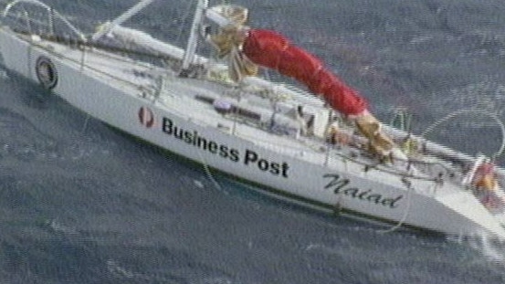 Business Post Naiad flounders in heavy swell 45 nautical miles off coast of Merimbula during the 1998 Sydney-Hobart race. 