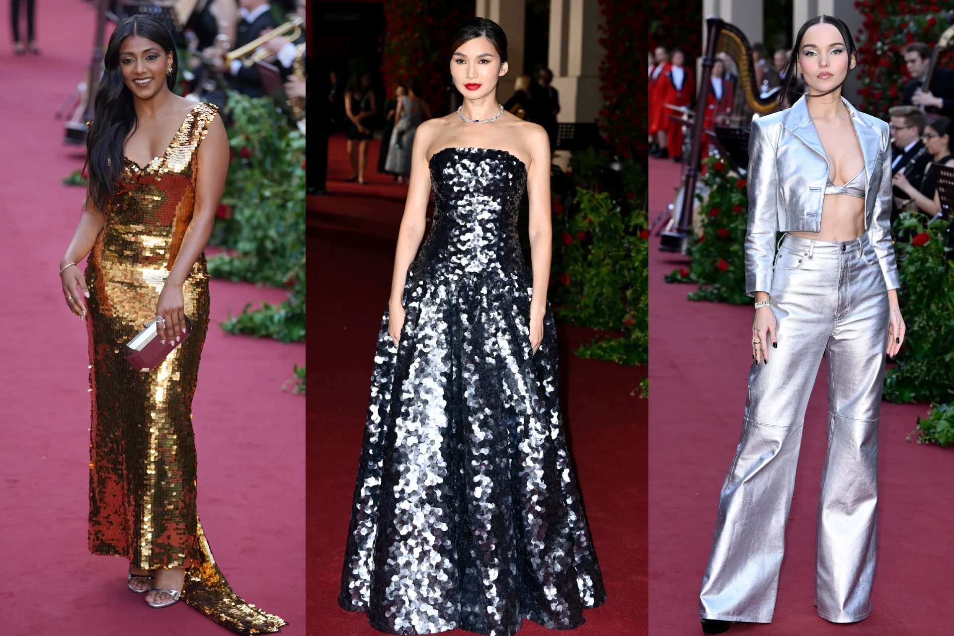 <p><i>Above (L-R): Charithra Chandran in Emilia Wickstead, Gemma Chan in Louis Vuitton, Dove Cameron in Coach</i></p><h3><b>Heavy metals</b></h3><p>Not all that glittered on the red carpet at Vogue World: London was gold: it was silver and pewter too. Charithra Chandran was the poster girl for gilded glamour, walking the length of Drury Lane in Emilia Wickstead sequins, but for Gemma Chan, the night called for an obsidian gown from Louis Vuitton&mdash;so radiant that it appeared silver in the light. Dove Cameron, meanwhile, took the tailored approach, wearing a steely two-set from Coach.</p>