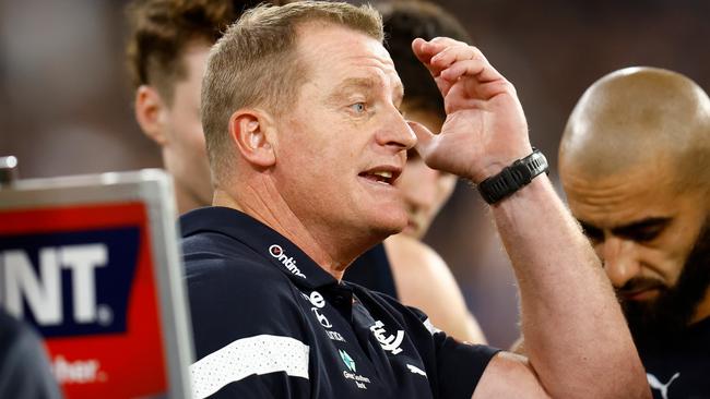 Michael Voss revealed there were some “tough learnings” for his men after last week’s draw against Richmond. Picture: Michael Willson/AFL Photos via Getty Images