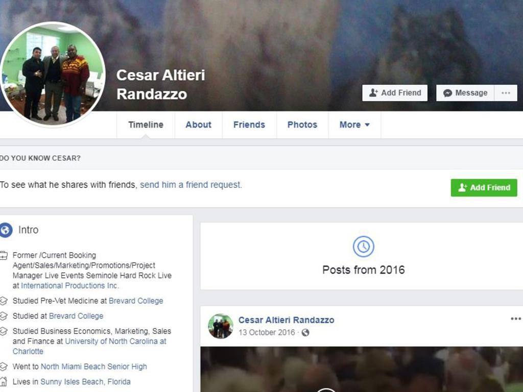 Cesar Sayoc's Facebook account before it was taken down. Picture: Facebook