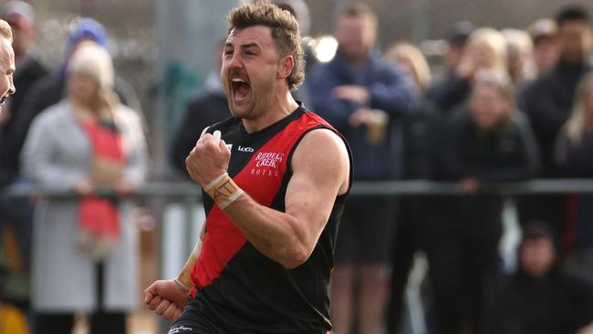 Dylan Tarczon celebrates a goal for Riddell. Picture: Hamish Blair