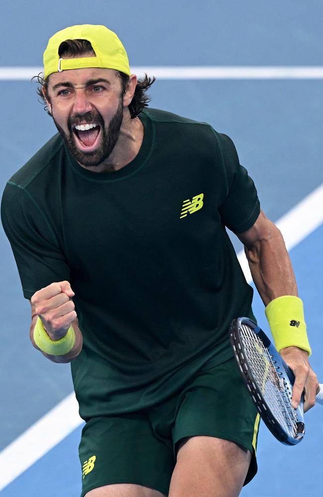 Jordan Thompson celebrates victory over Matteo Berrettini. Picture: Bradley Kanaris/Getty Images