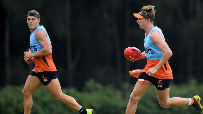 Lachie Whitfield, right, at GWS training in January. Picture: Dan Himbrechts/AAP